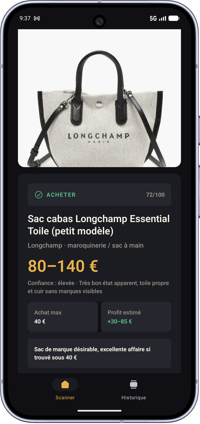 Écran Valiqo : sac Longchamp identifié, verdict ACHETER 72/100, valeur 80–140 €